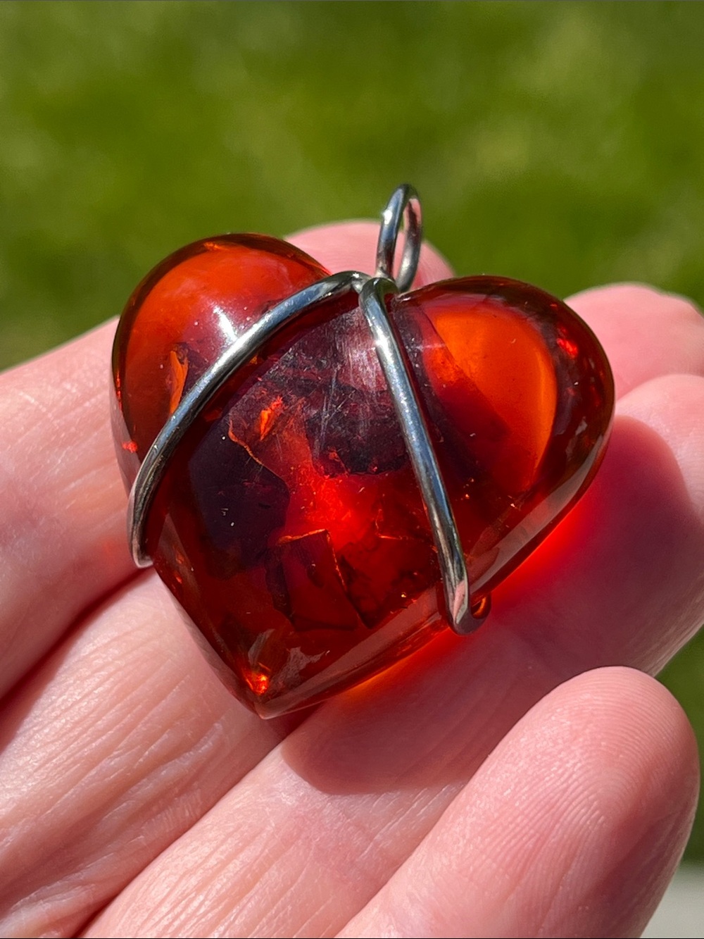 Vintage Artisan Sterling Silver Caged Amber Puffy Heart Necklace Pendant